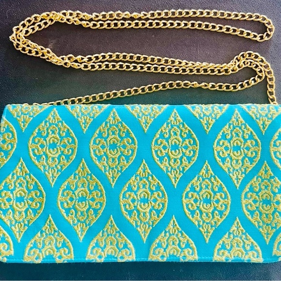 Shiraleah Gold and Blue Clutch with Elegant Pattern - Picture 1 of 7
